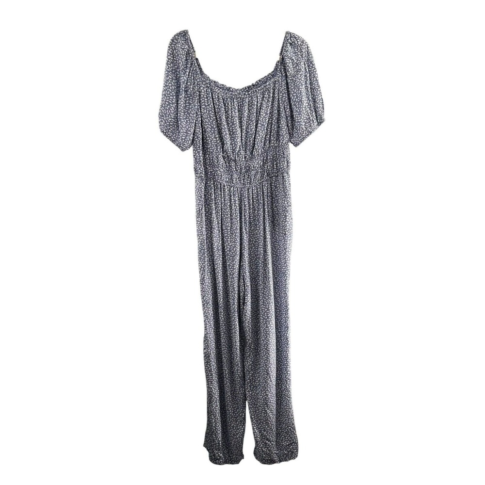 Sincerely‎ Jules Blue Leaf Print Rayon Smocked Off-Shoulder Jumpsuit Large